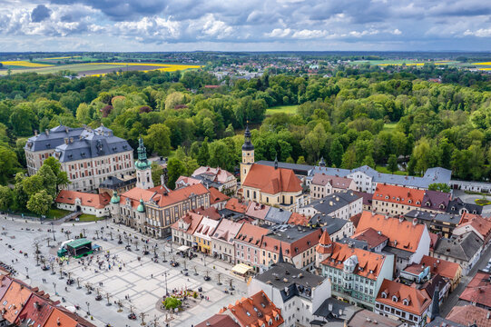 Drone photo of historic part and Market Square of Pszczyna city, Silesian Voivodeship, Poland