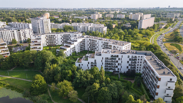 Aerial view of new residential buildings in Goclaw area, subdistrict of Praga-Poludnie, Warsaw city, Poland
