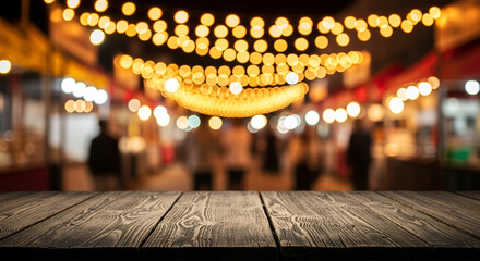 Night market ambiance: blurred festive lights illuminate a bustling crowd, with a rustic wooden table in the foreground.
