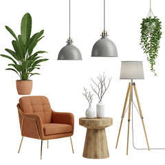Modern home decor elements isolated on transparent background
