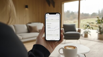 Woman checking financial graph on mobile stock app at home