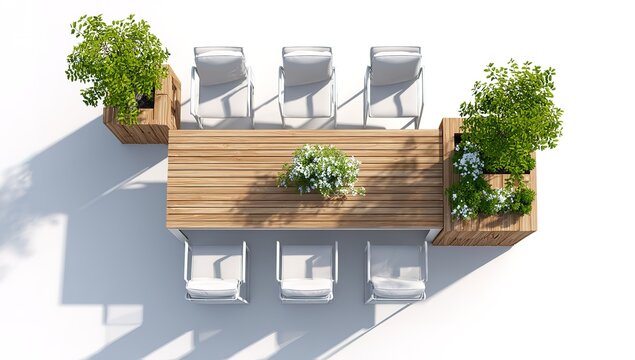 3D plan view of modern outdoor furniture, a wood and metal garden table with a set of chairs on a white background, top-down view, planters with greenery.
