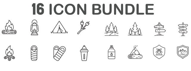 Fototapeta premium Collection of sixteen camping adventure icon illustrations in modern minimalist style