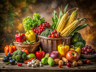 Still life of fresh vegetables and fruits in baskets on a wooden table