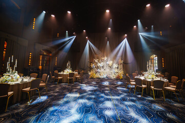 Elegant banquet hall adorned with soft lighting and flowers