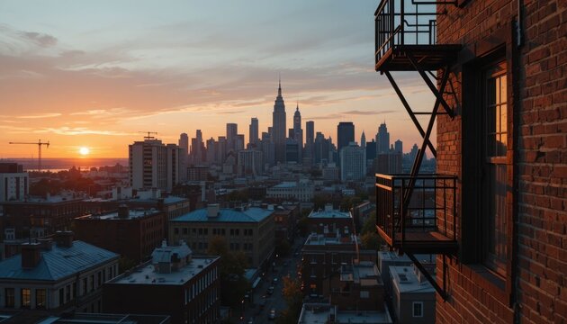 Sunset City Skyline and Rusty Fire Escape