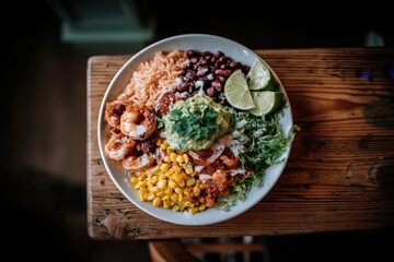 Colorful dish with shrimp, corn, beans, rice, avocado, lime, and greens on wood table. Fresh and appetizing