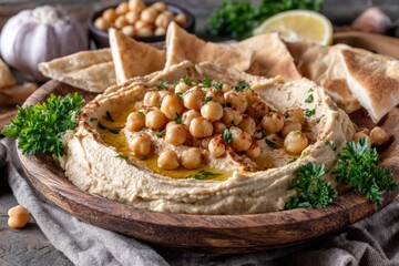 A wooden bowl filled with creamy hummus, topped with whole chickpeas, paprika, and fresh parsley, surrounded by pita bread slices
