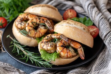 Two grilled shrimp sandwiches with lettuce and herbs on a black plate, garnished with rosemary and surrounded by tomatoes and fabric