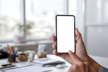 A person holds a smartphone with a blank white screen, against a blurred office background, ready for customization