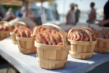 Wooden baskets filled with fresh pink shrimp are displayed on a checkered tablecloth at an outdoor market. Blurred figures and market stalls in the background