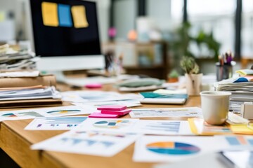 A cluttered office desk with scattered charts, sticky notes, a computer monitor, and a coffee cup