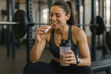 Athletic woman in sportswear sitting in gym after workout, eating protein bar and holding shaker with chocolate drink, representing healthy nutrition, fitness and active lifestyle