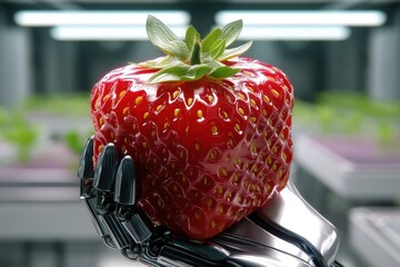 A robotic hand delicately holds a large, ripe strawberry, showcasing the fusion of nature and technology in a modern, controlled environment