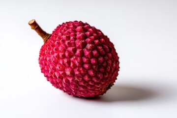 Close-up of a vibrant red lychee with rough textured skin and brown stem
