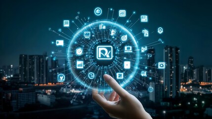 Hand holding glowing sphere with digital icons over city skyline at night.