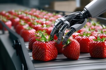 A robotic hand carefully selects ripe strawberries from a conveyor, illustrating advanced automation in agriculture