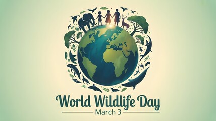 World Wildlife Day vector. Wild animals silhouette. Green planet vector. Planet Earth with fauna and flora vector. Environmental concept vector. Wildlife Day Poster, March 3. Important day