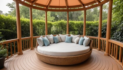 Gazebo with round sofa and soft pillows on wooden terrace. For interior design projects, covers and advertising. Interior, rest, summer, vacation, relax