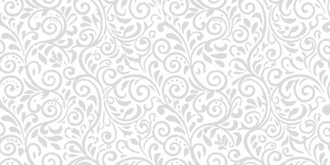 Elegant Floral Pattern with Swirls and Leaves in Soft Gray and White