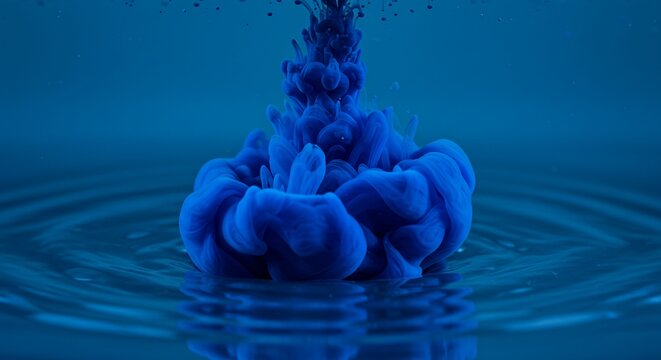 Blue dye blooms in rippled water a mesmerizing display of fluid dynamics