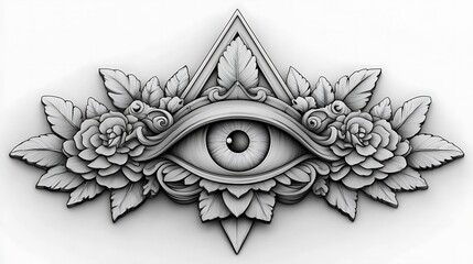 Fototapeta premium Ornate, decorative design with an all-seeing eye surrounded by floral embellishments.