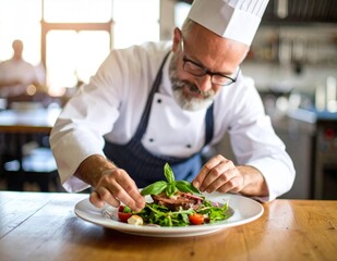 Professional chef garnishing gourmet dish with fresh herbs and microgreens