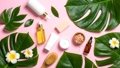 Skincare products on pink background.