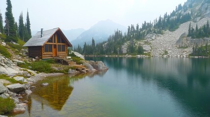 Obraz premium Serene Lakeside Cabin Retreat: Tranquil Waters, Misty Mountains, Rustic Charm