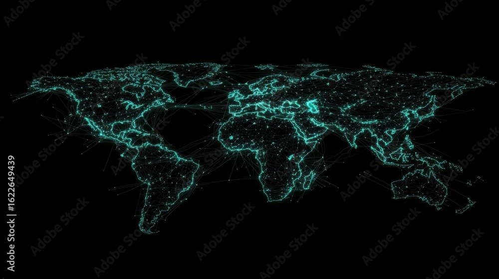 Poster global network connection visualized as a glowing world map.