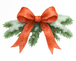 Watercolor red Christmas bow with snow-covered pine branches, festive hand-painted holiday decoration perfect for cards, crafts, invitations and seasonal design. Vector illustration.