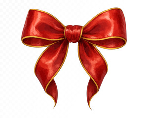 Red watercolor bow with gold trim and curled ribbon tails, festive hand-painted ornament on transparent background. Vector illustration.
