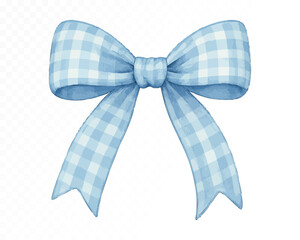 Watercolor blue gingham bow with soft pastel texture and hand-painted details, perfect for baby shower decor, invitations, crafts and scrapbooking. Vector illustration.