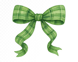 Watercolor green gingham bow with soft pastel texture and hand-painted details, perfect for baby shower decor, invitations, crafts and scrapbooking. Vector illustration.