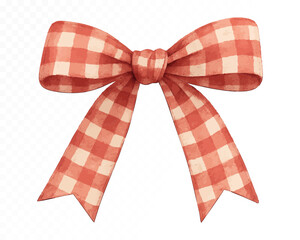 Watercolor red and beige gingham check bow with vintage country charm, hand-painted ribbon perfect for rustic holiday decor, gifts, tags, cards and festive crafts. Vector illustration.