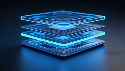 Futuristic stacked microchips glowing with electric blue light on a dark reflective surface representing advanced technology and innovation