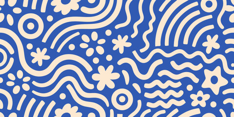 Hand Drawn Floral and Wave Pattern in Blue and Cream Colors