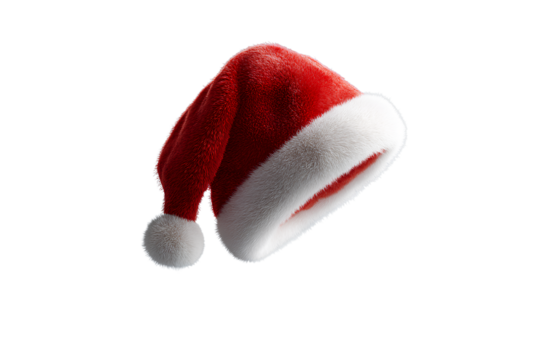 Red Santa Hat with White Fur Trim Floating Mid-Air, Front View, Isolated on Transparent Background PNG