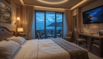 Luxurious bedroom with panoramic window and sea view. Expensive interior in classic style, double bed. Vacation, hotel