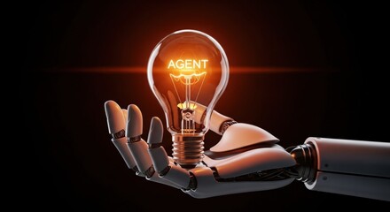 Robot hand holding a glowing lightbulb with the word agent inside