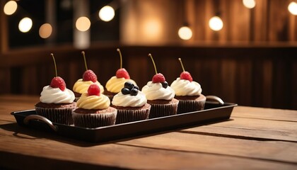 Mini desserts with berries and cream on a wooden tray. Great for advertising and covers.