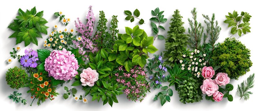 Top view of a garden flower bed, a flat lay set vector illustration with various floral and greenery plants on an isolated white background.