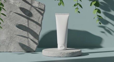 White cosmetic cream tube on a stone pedestal with green leaves
