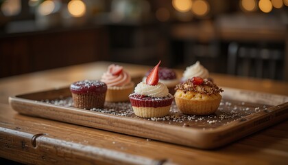Mini desserts with berries and cream on a wooden tray. Great for advertising and covers.