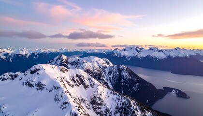 Snowcapped mountains at sunset.