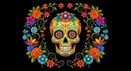 Vibrant Day of the Dead sugar skull art with floral wreath. Ideal for Dia de los Muertos invitations, altars, or cultural celebrations. Festive, colorful. 