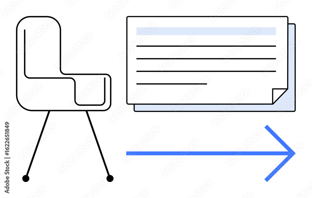 Poster office chair with documents and large blue arrow suggesting productivity, task delegation, workflow 