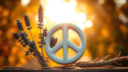 A ceramic peace symbol decorated with lavender and wheat, bathed in warm sunlight with autumn foliage behind.