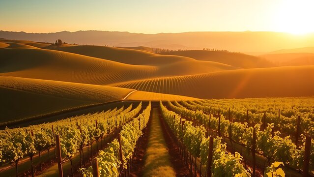Vineyard with neat grapevine rows under golden sunlight, distant mountains softly blurred in the background.