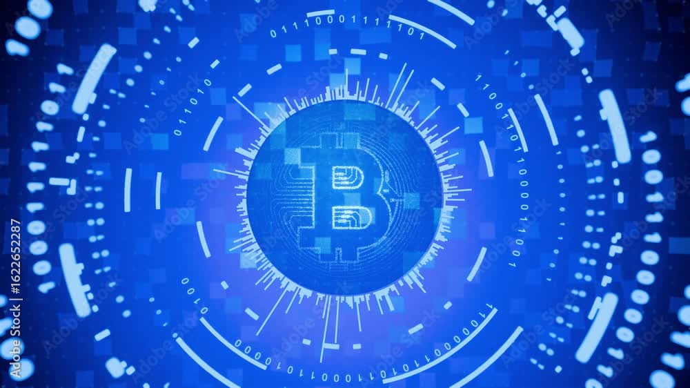 Poster cryptocurrency trading. cryptocurrency. rotating virtual bitcoin coin on technology background. anim
